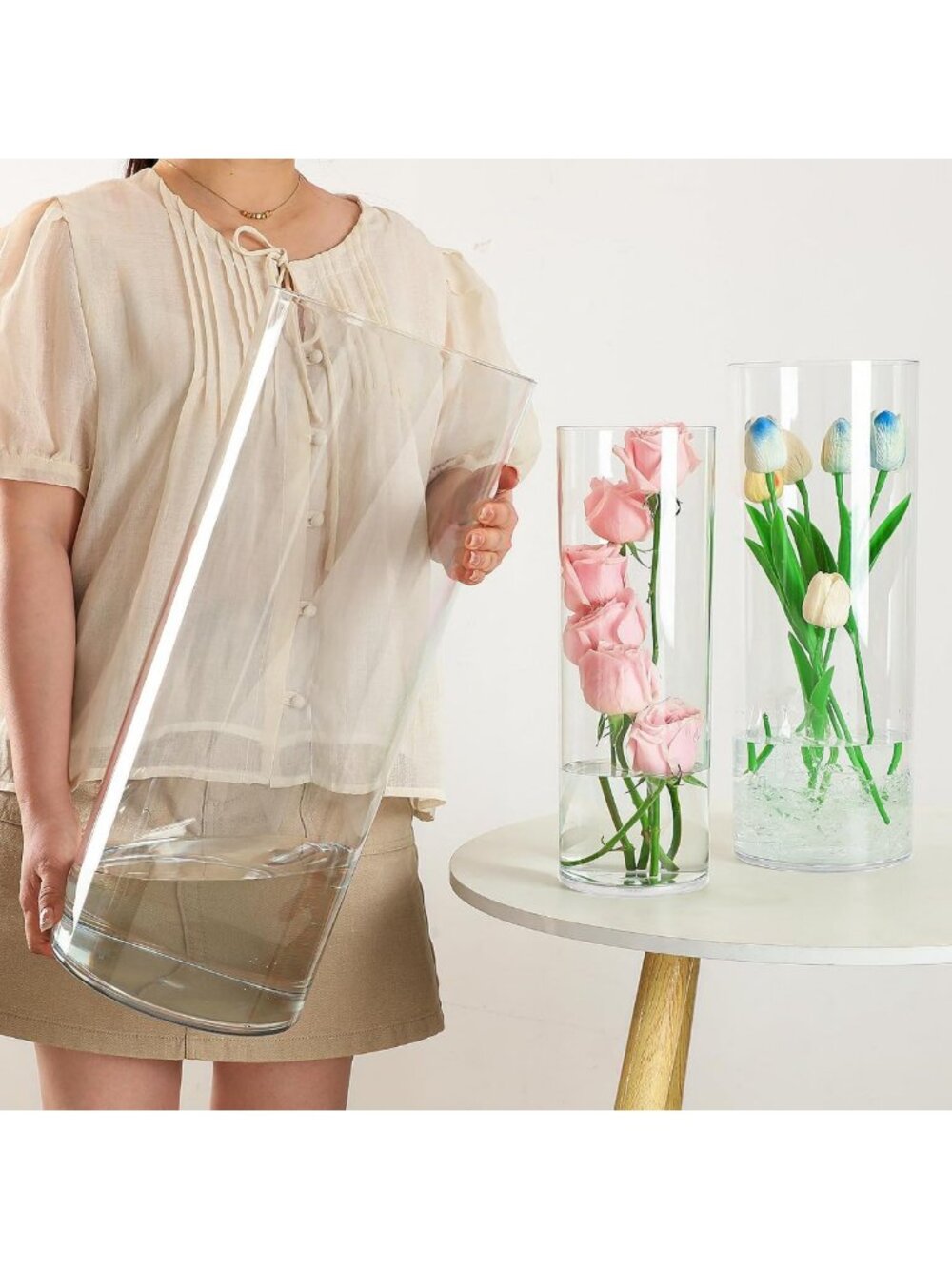XL Large Clear Acrylic Cylinder Flower Vase for Home Decor & Centerpieces